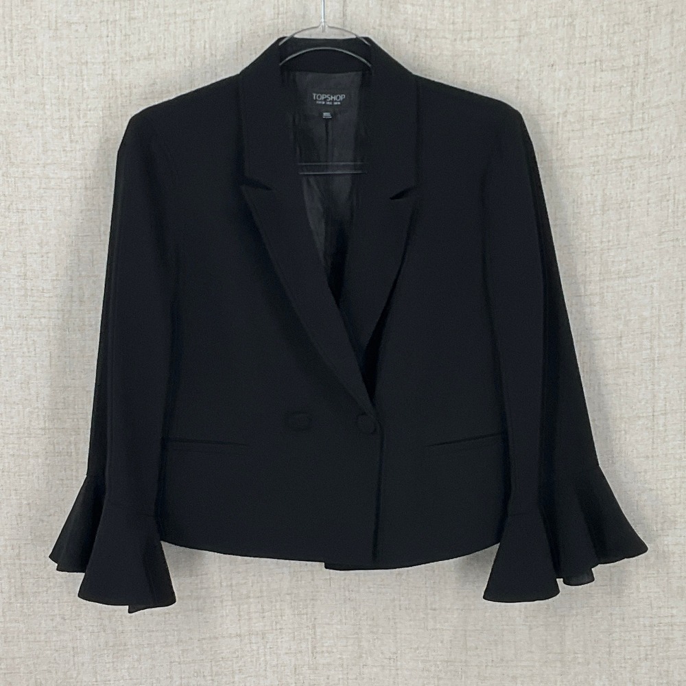 Topshop Blazer Women Size 6 Black Bell Sleeve Cropped Double Breasted Whimsigoth